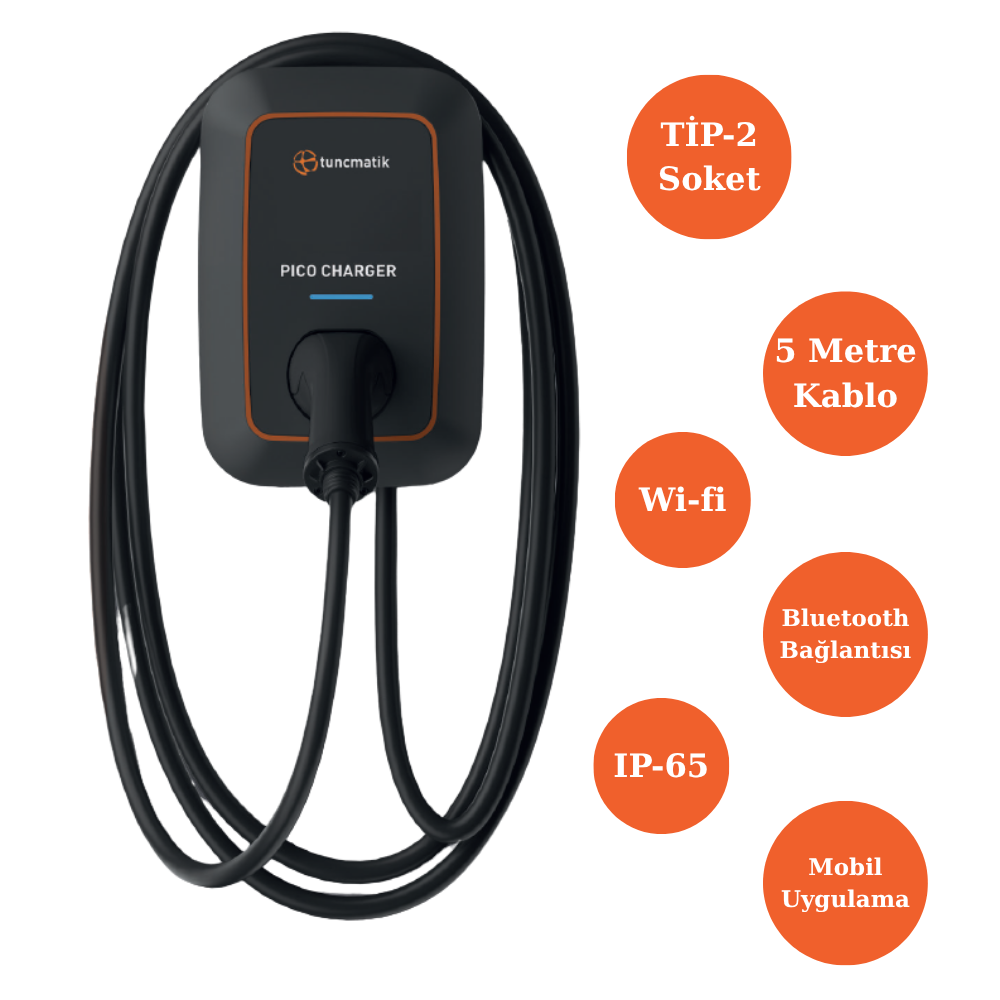 Tunçmatik 11kw / 16a Trifaze Pico Charger AC Tipi Bireysel Araç Şarj İstasyonu 5 Metre Kablolu TSK16059