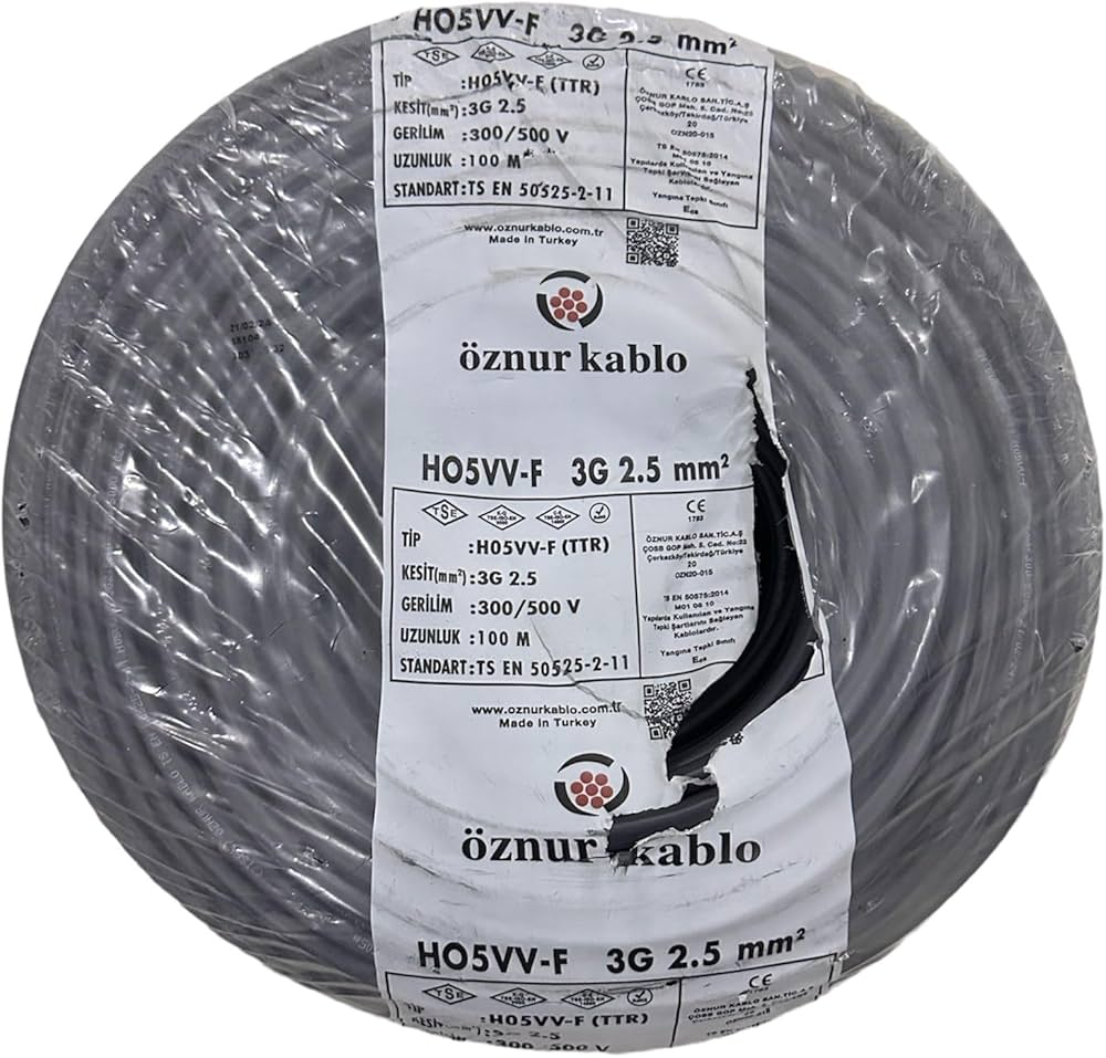 Öznur 3x2.5 mm² TTR Kablo Beyaz/Siyah Renk H05VV-F Tam Bakır - 100 Metre