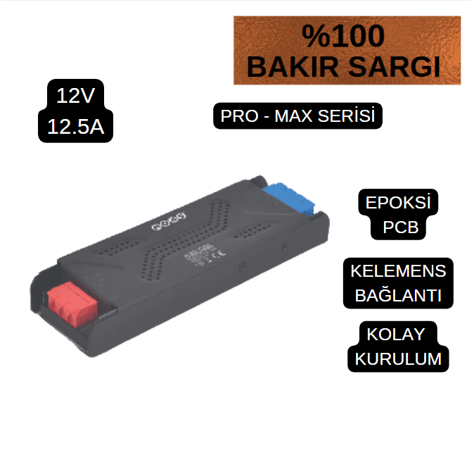 Noas 5 Amper 60W 12 Volt Şerit Led Trafosu Slim Bakır Sargı Promax Serisi YL20-0600